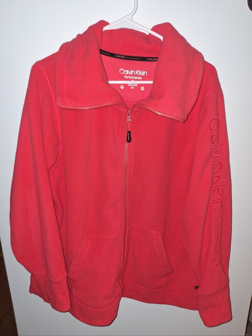 Calvin Klein Womens Bright Red/Orange Zip-Up Fleece Jacket Size 1X